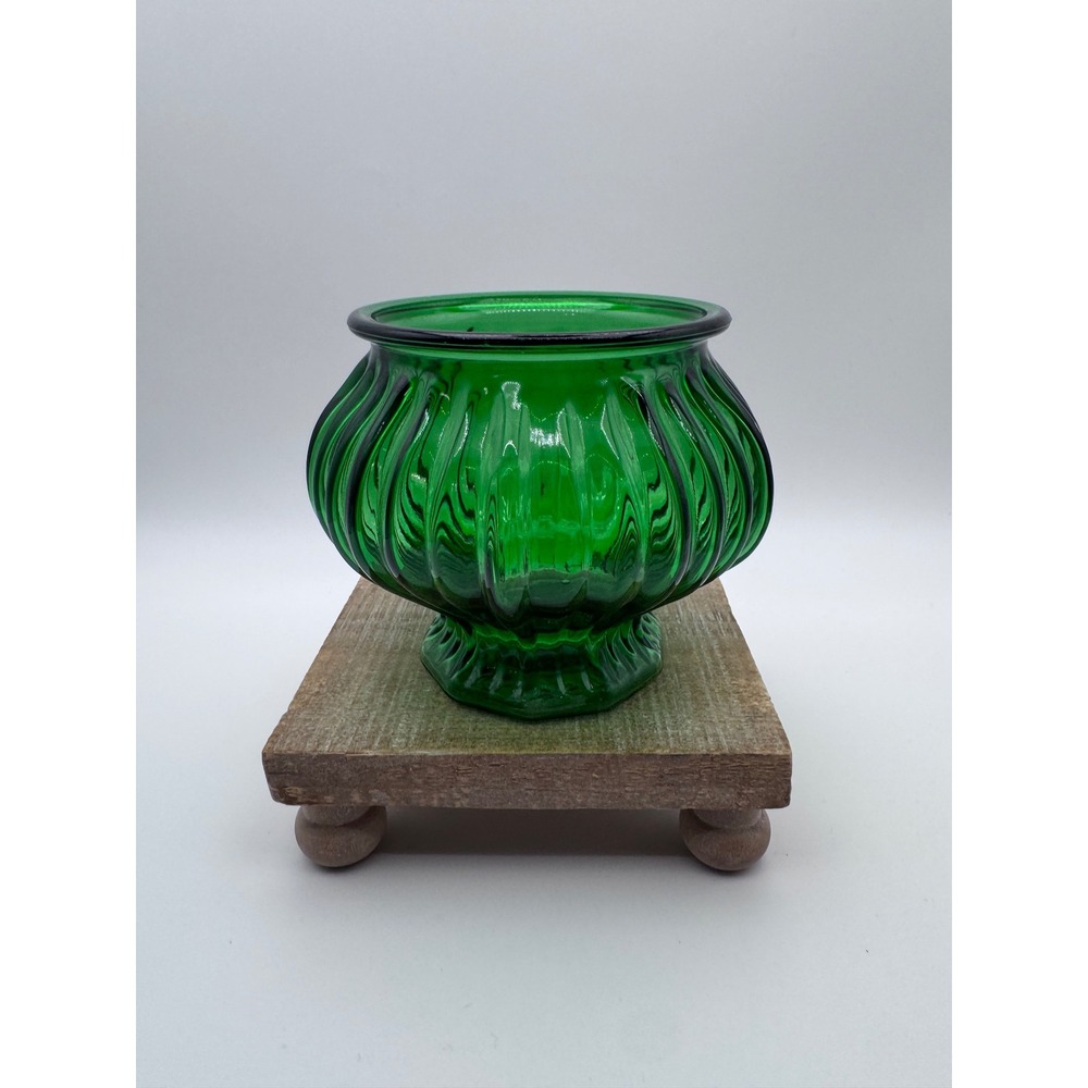 EO Brody Co Emerald Green Glass Ribbed Melon Vase Pedestal Bowl Cleveland Ohio
